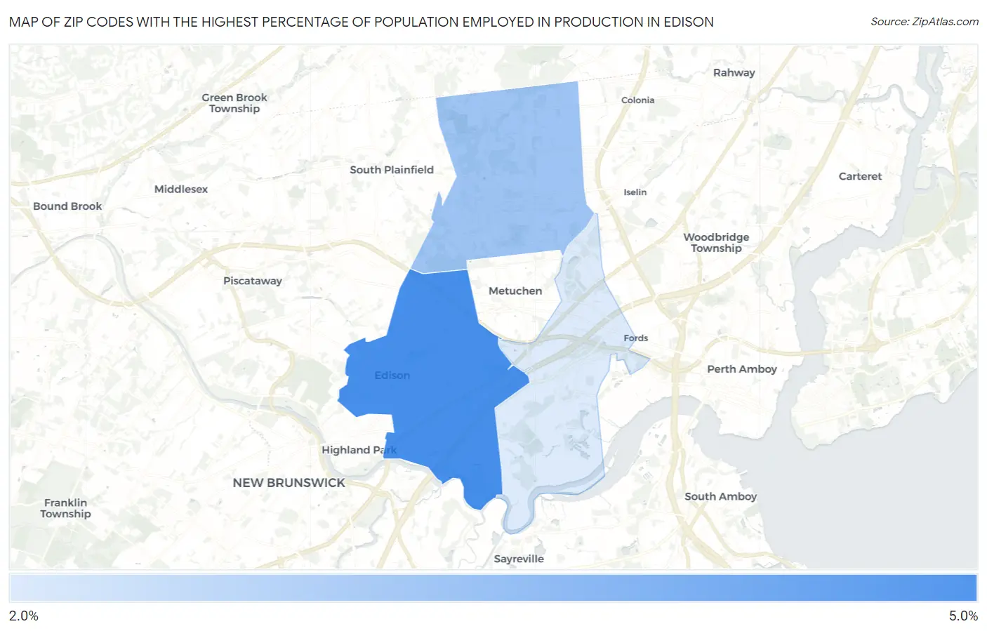 Zip Codes with the Highest Percentage of Population Employed in Production in Edison Map
