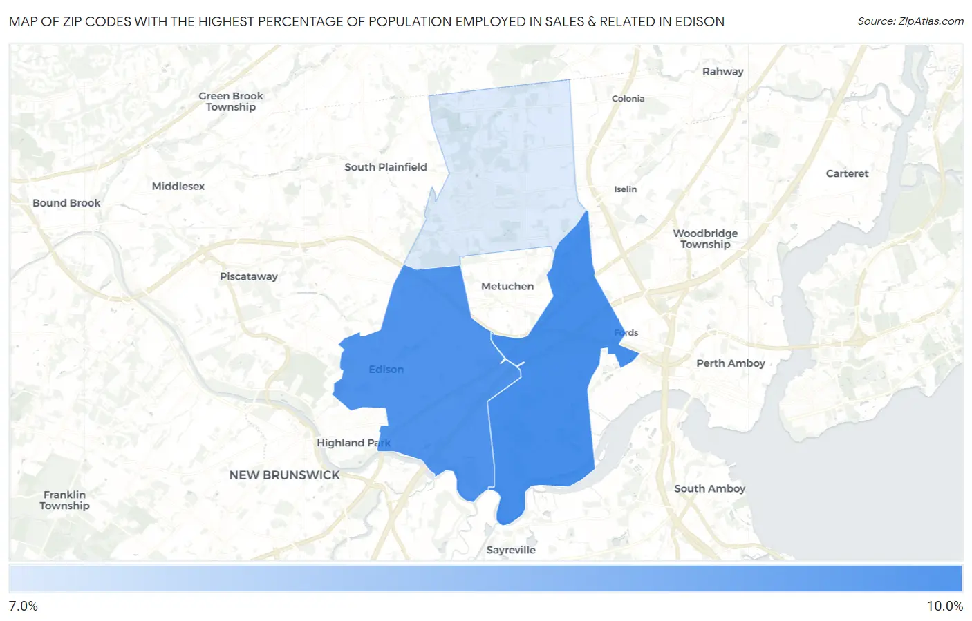Zip Codes with the Highest Percentage of Population Employed in Sales & Related in Edison Map