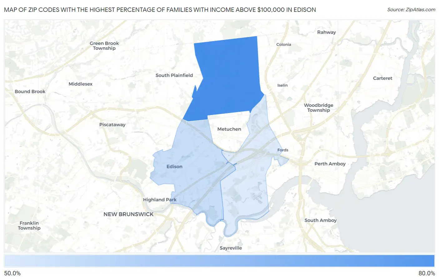 Zip Codes with the Highest Percentage of Families with Income Above $100,000 in Edison Map