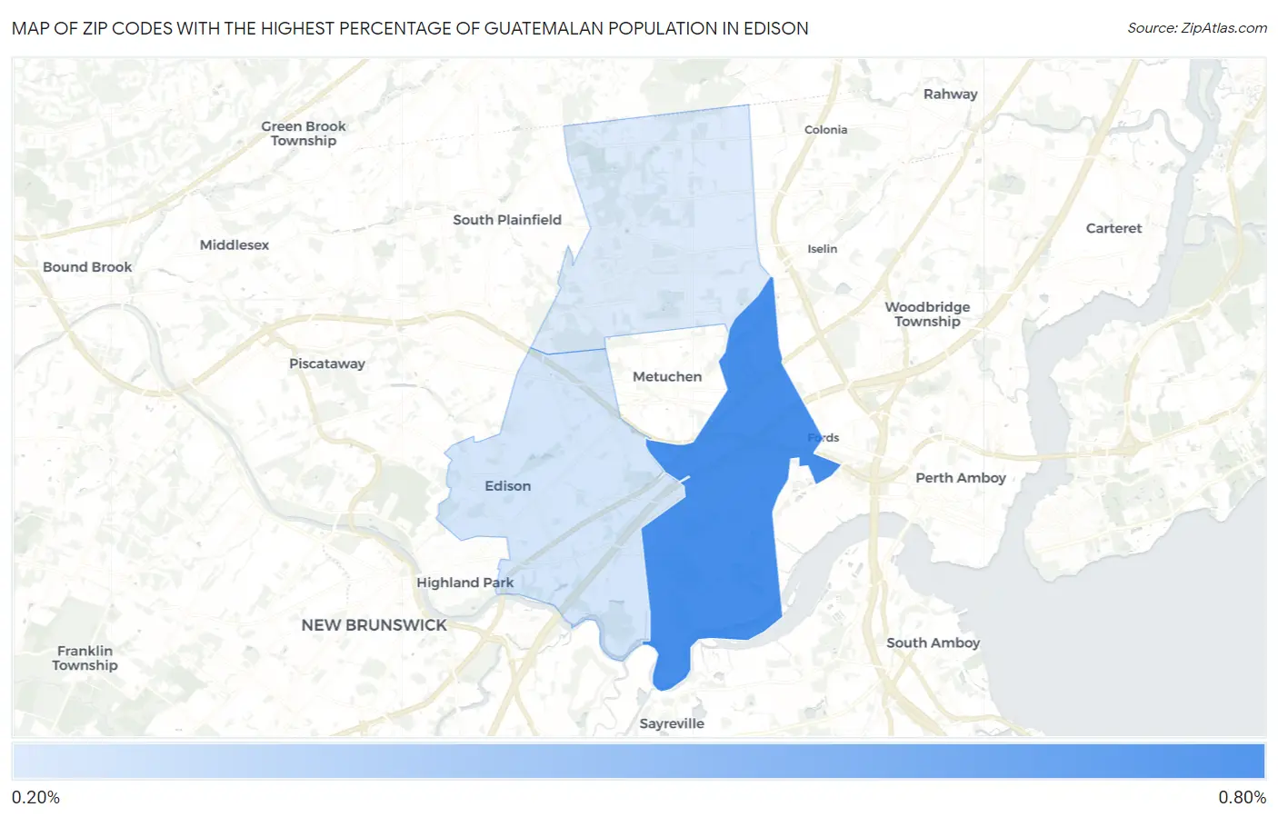 Zip Codes with the Highest Percentage of Guatemalan Population in Edison Map