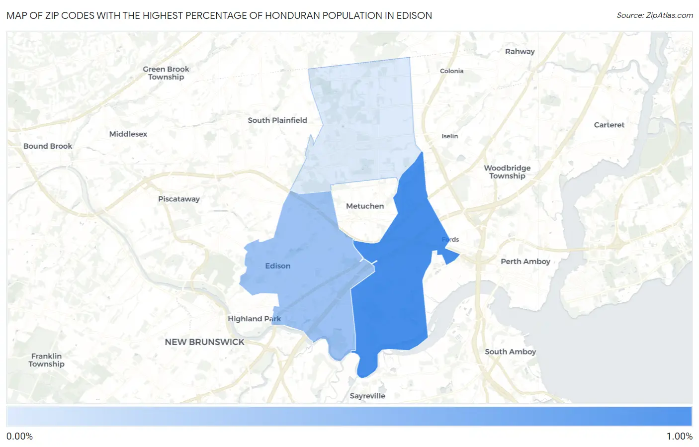 Zip Codes with the Highest Percentage of Honduran Population in Edison Map