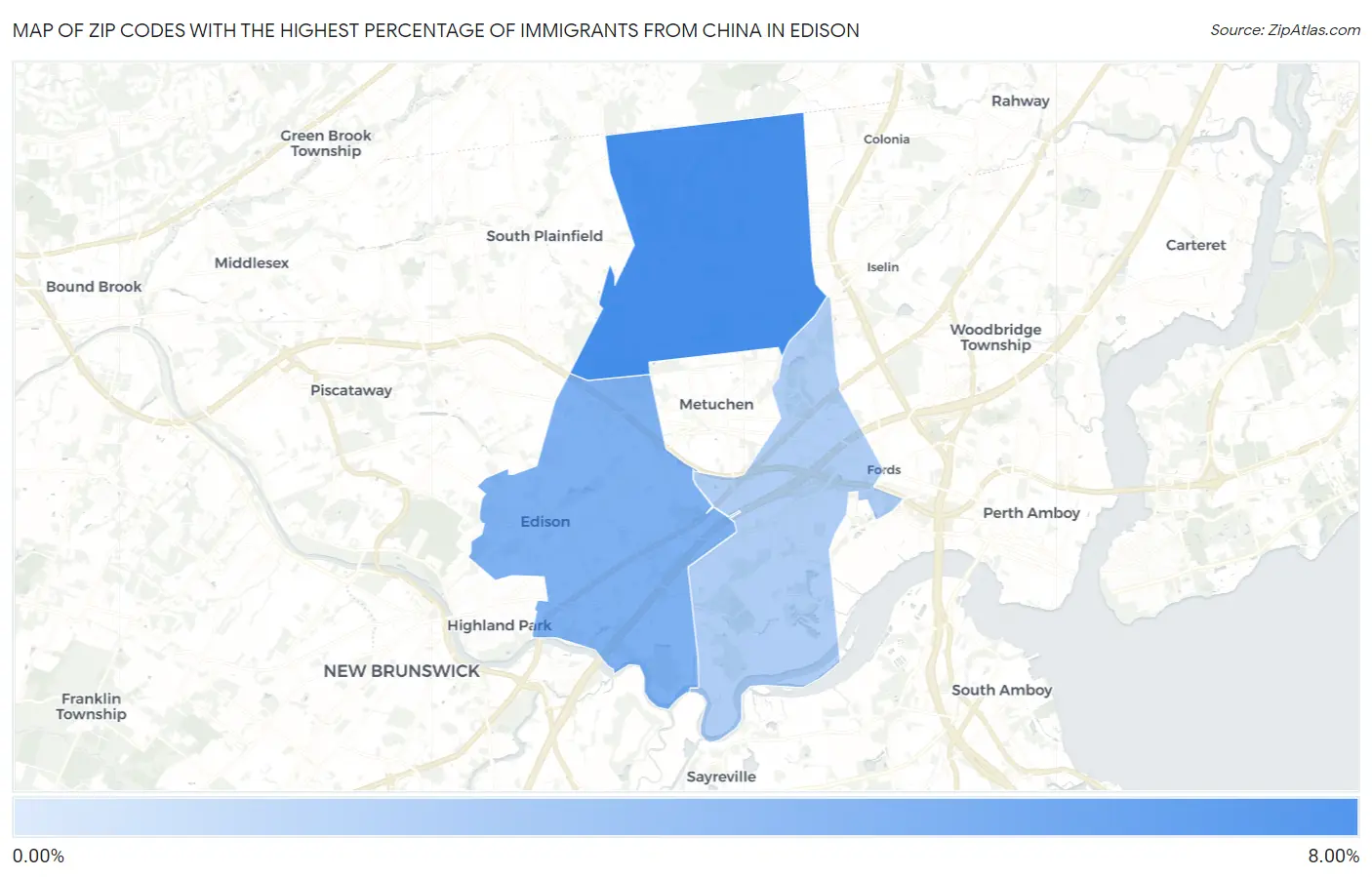 Zip Codes with the Highest Percentage of Immigrants from China in Edison Map