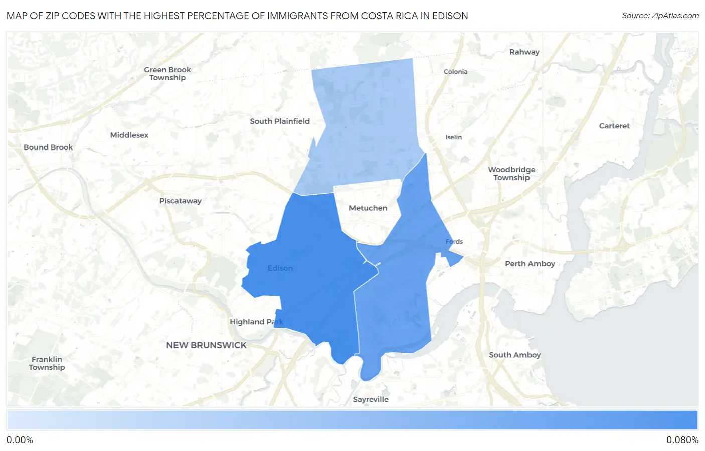Zip Codes with the Highest Percentage of Immigrants from Costa Rica in Edison Map