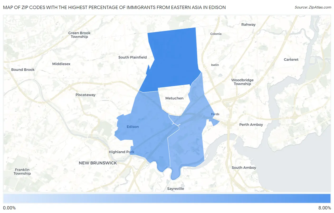 Zip Codes with the Highest Percentage of Immigrants from Eastern Asia in Edison Map