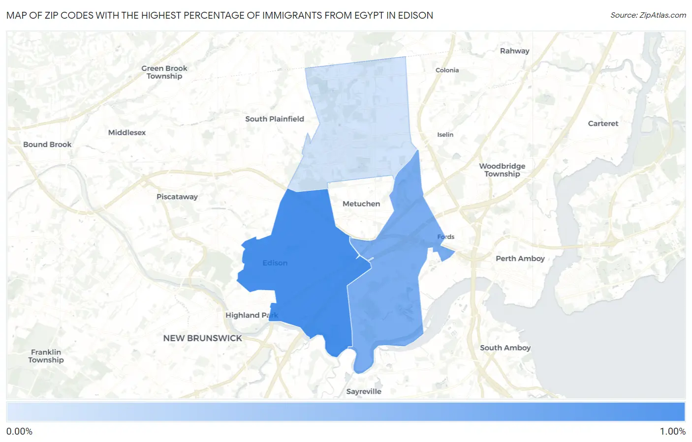 Zip Codes with the Highest Percentage of Immigrants from Egypt in Edison Map