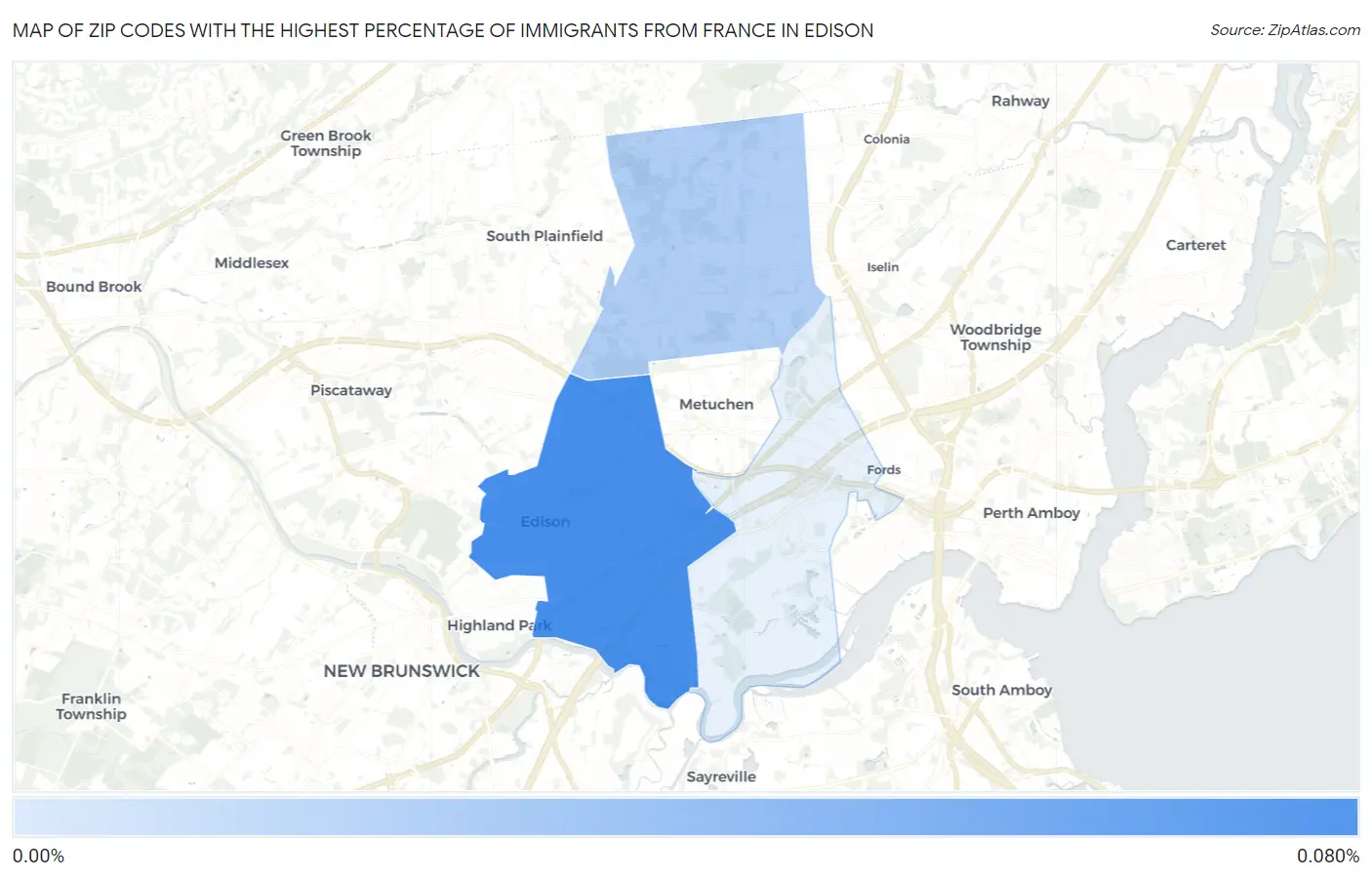 Zip Codes with the Highest Percentage of Immigrants from France in Edison Map