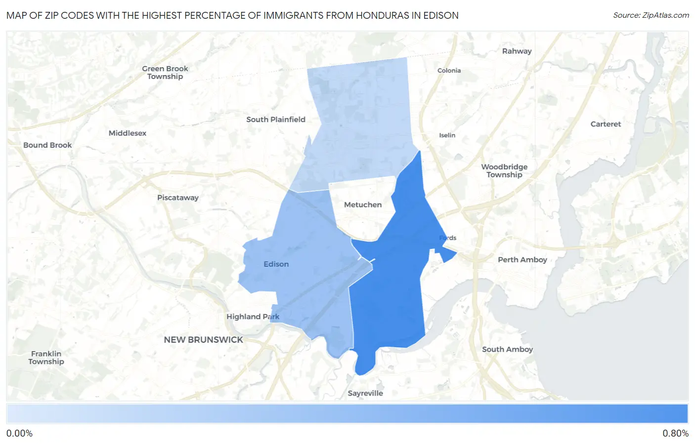 Zip Codes with the Highest Percentage of Immigrants from Honduras in Edison Map