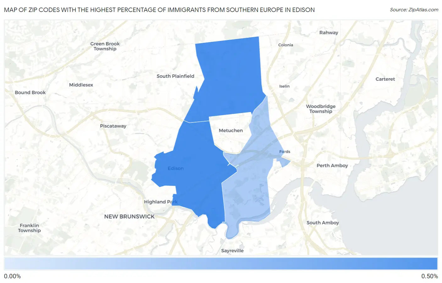 Zip Codes with the Highest Percentage of Immigrants from Southern Europe in Edison Map