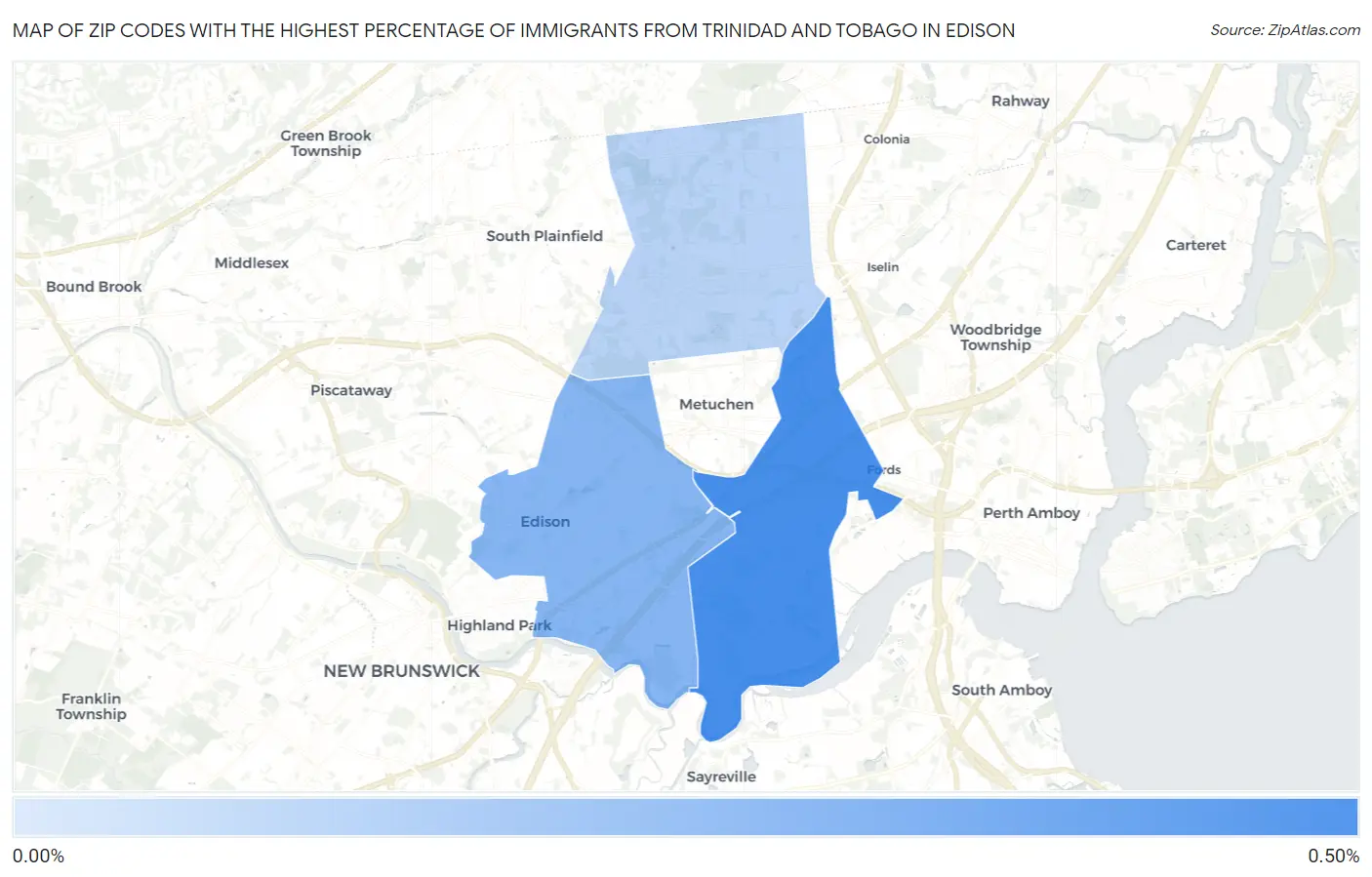 Zip Codes with the Highest Percentage of Immigrants from Trinidad and Tobago in Edison Map