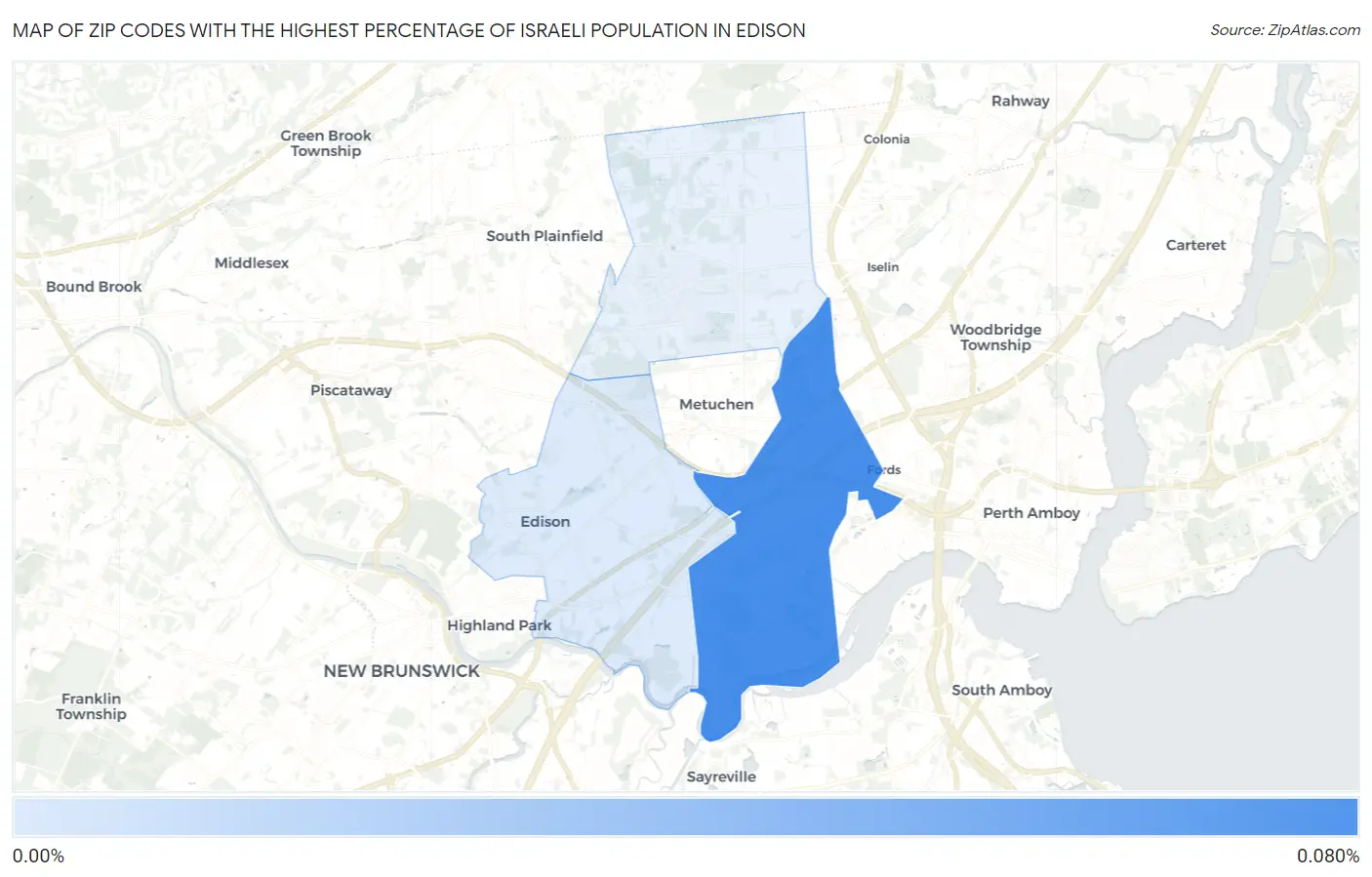 Zip Codes with the Highest Percentage of Israeli Population in Edison Map