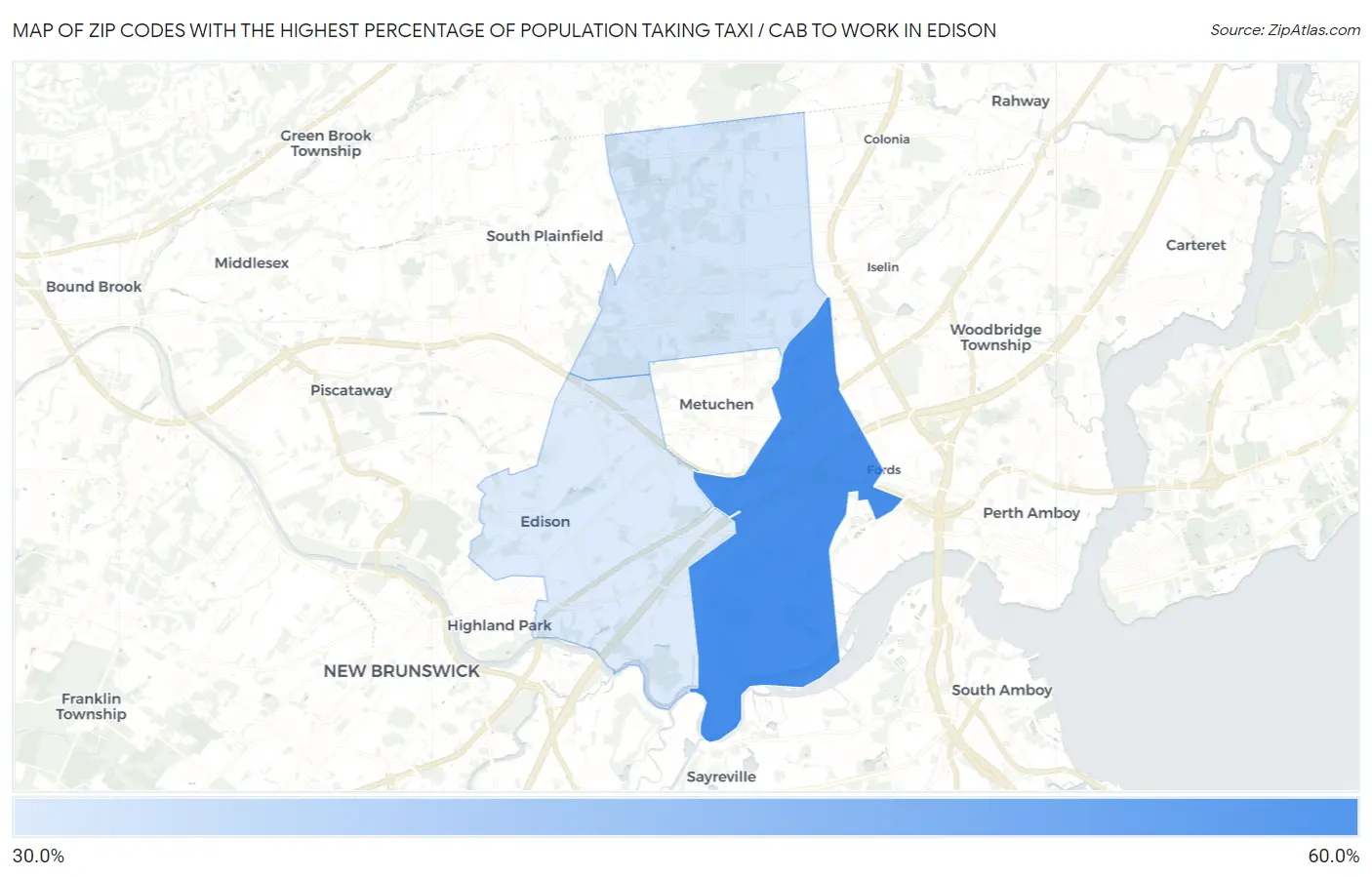 Zip Codes with the Highest Percentage of Population Taking Taxi / Cab to Work in Edison Map