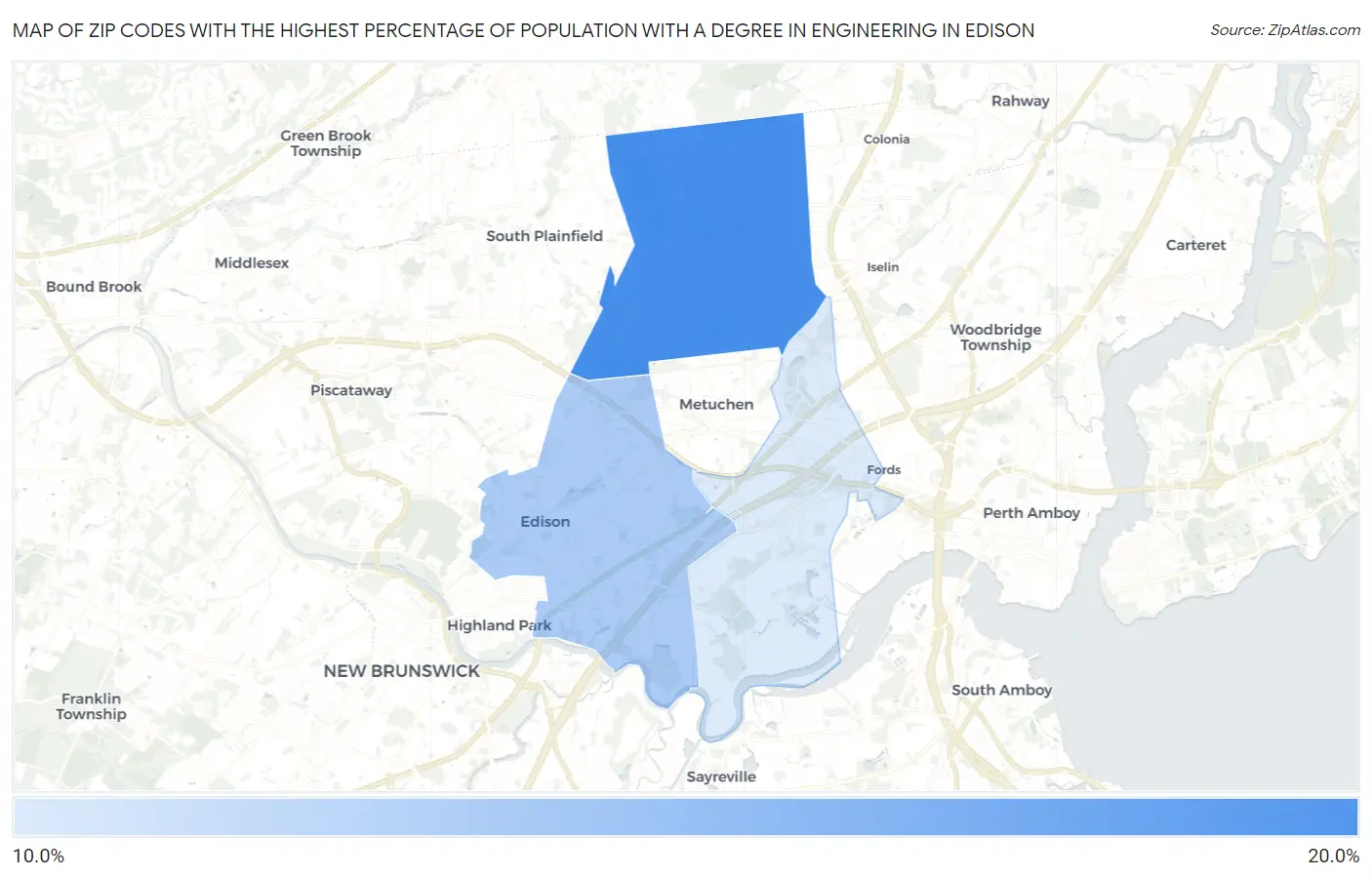 Zip Codes with the Highest Percentage of Population with a Degree in Engineering in Edison Map