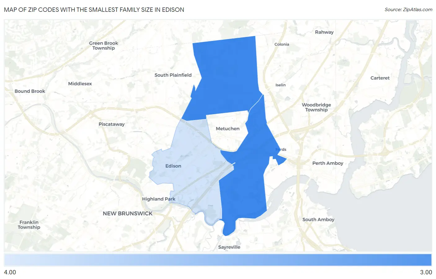 Zip Codes with the Smallest Family Size in Edison Map