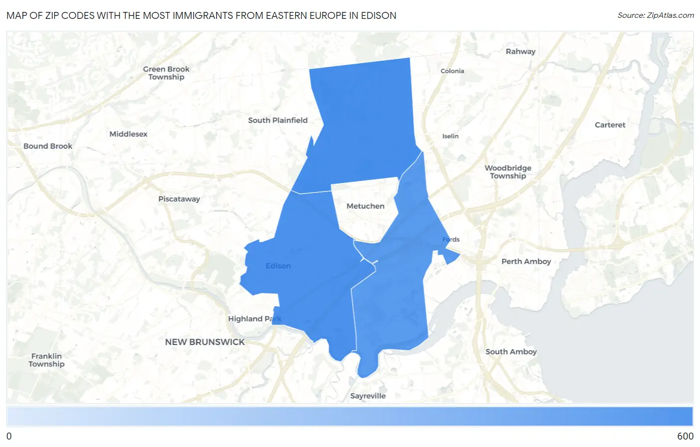 Zip Codes with the Most Immigrants from Eastern Europe in Edison Map