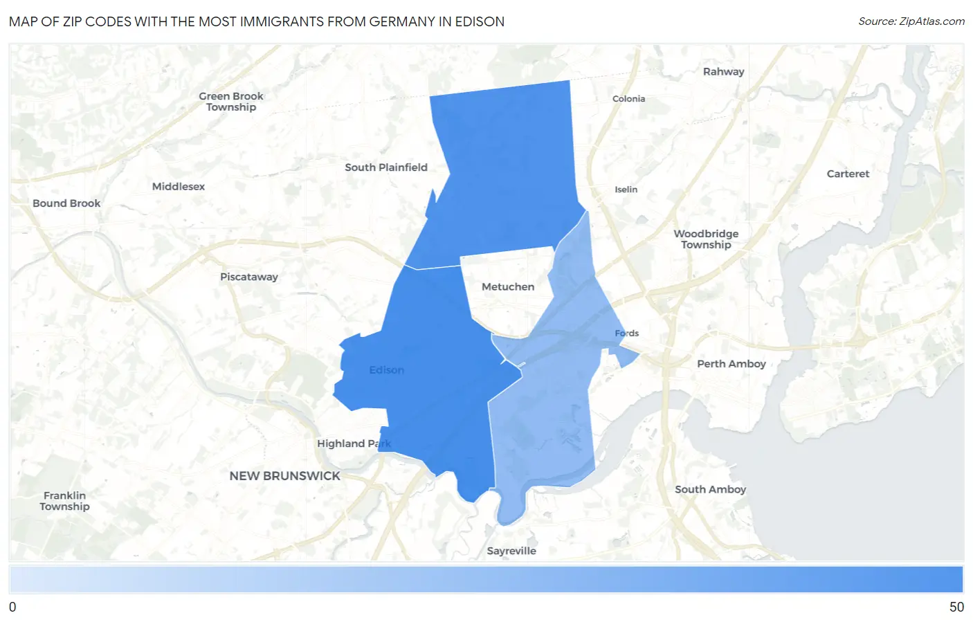 Zip Codes with the Most Immigrants from Germany in Edison Map