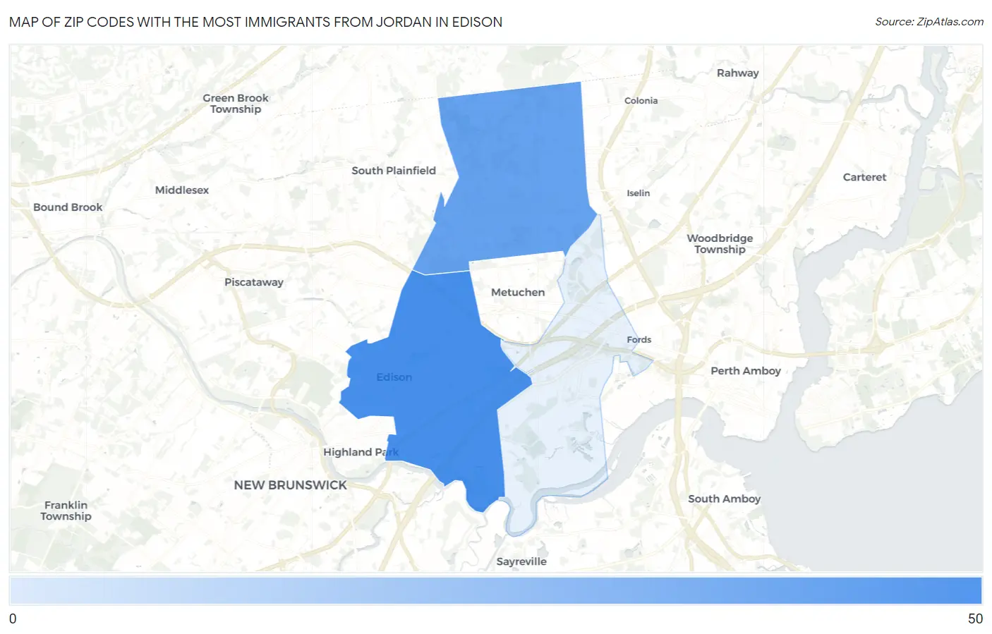 Zip Codes with the Most Immigrants from Jordan in Edison Map