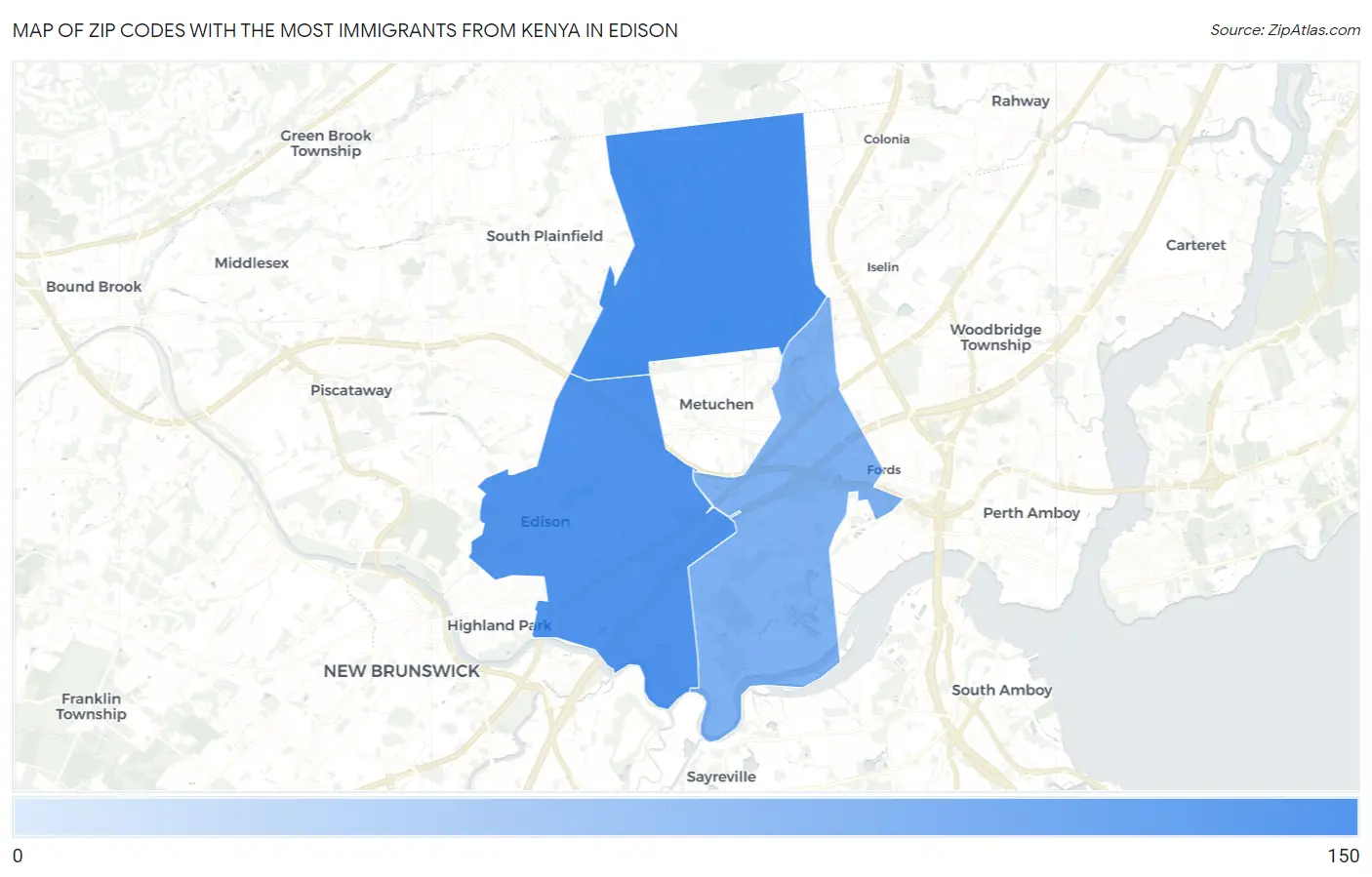 Zip Codes with the Most Immigrants from Kenya in Edison Map