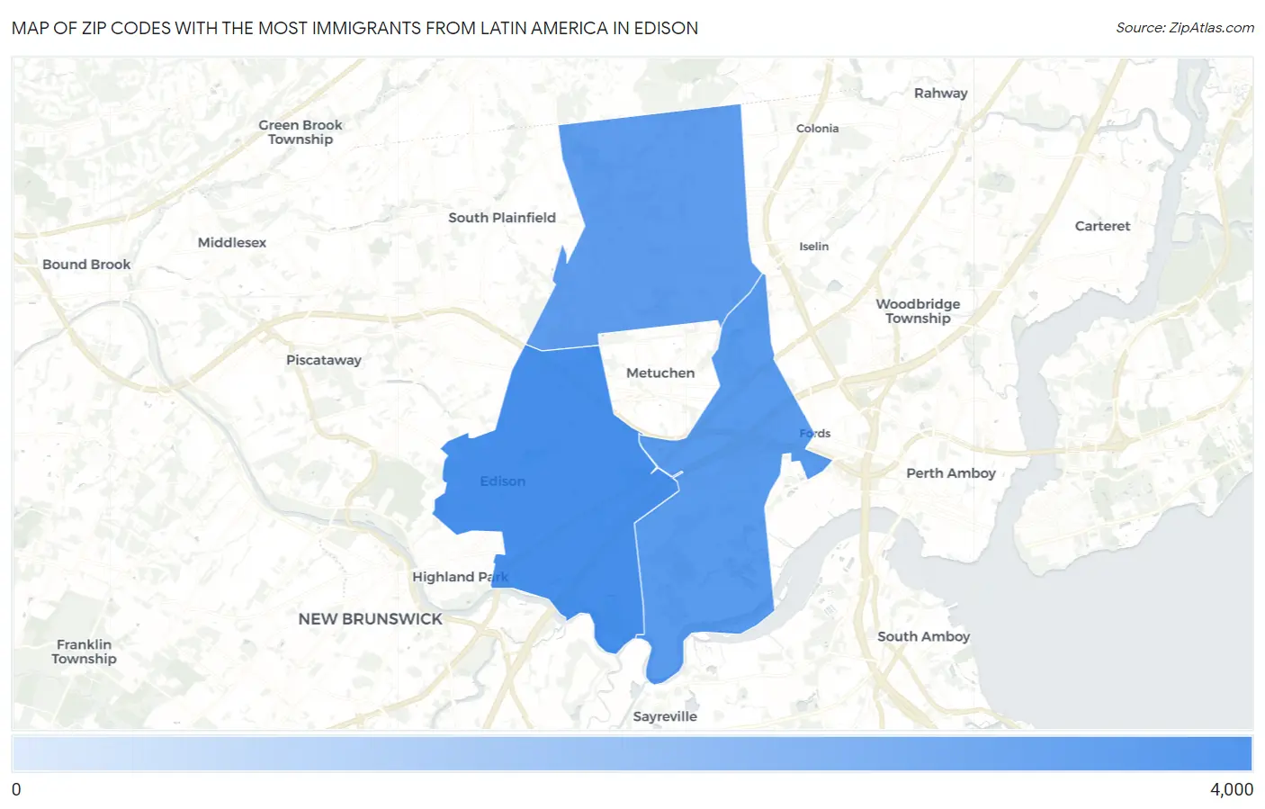 Zip Codes with the Most Immigrants from Latin America in Edison Map