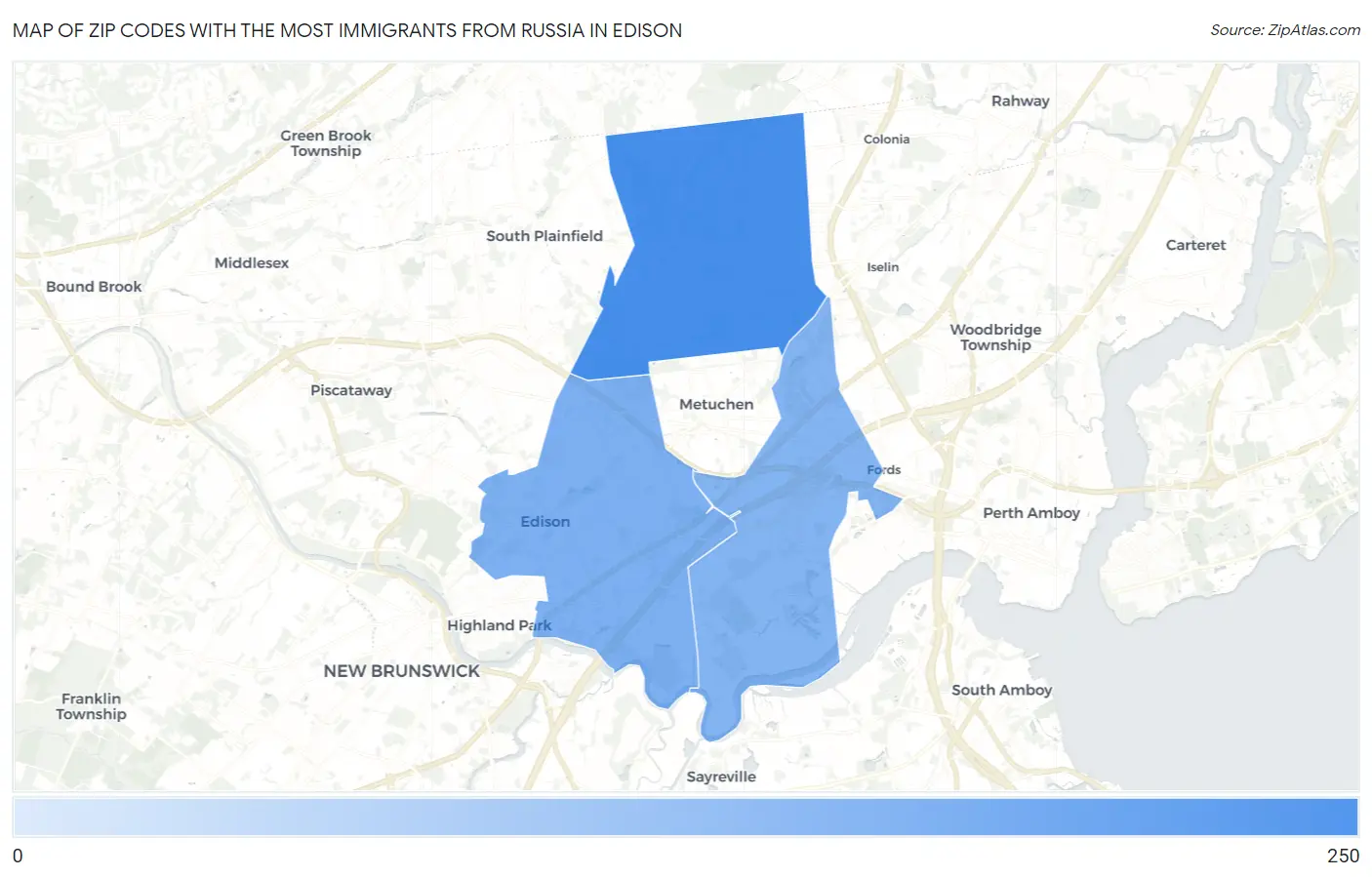 Zip Codes with the Most Immigrants from Russia in Edison Map