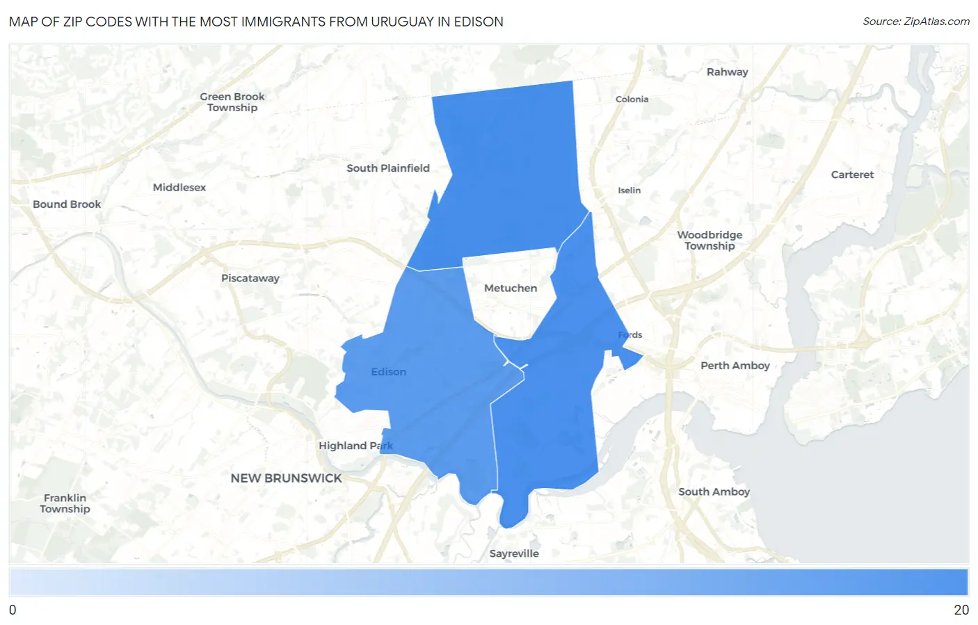 Zip Codes with the Most Immigrants from Uruguay in Edison Map