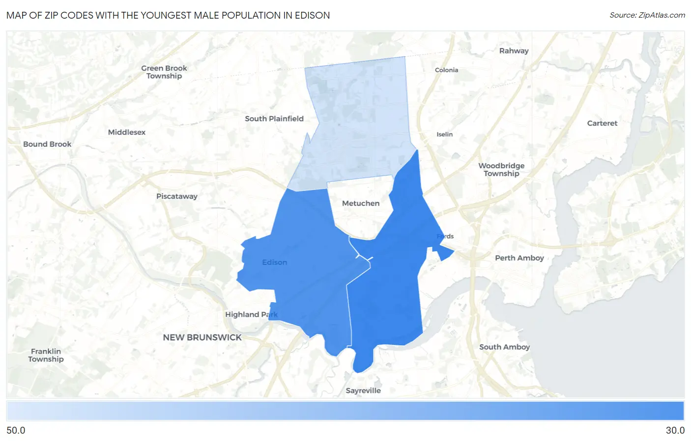 Zip Codes with the Youngest Male Population in Edison Map