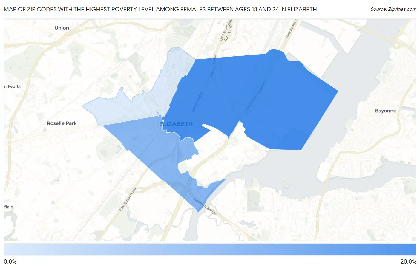 Zip Codes with the Highest Poverty Level Among Females Between Ages 18 and 24 in Elizabeth Map
