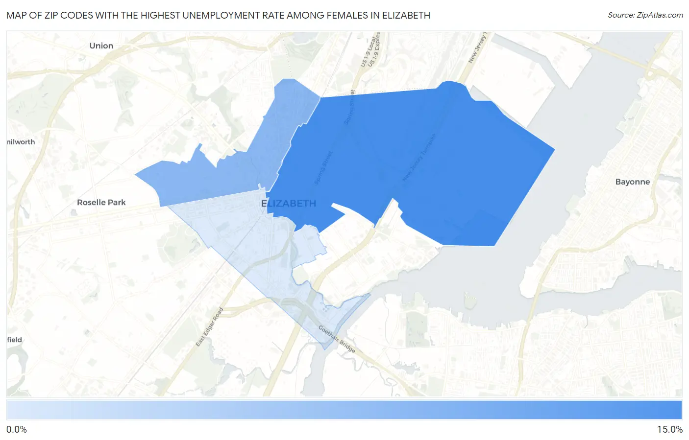 Zip Codes with the Highest Unemployment Rate Among Females in Elizabeth Map