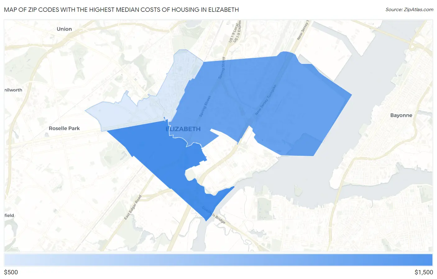 Zip Codes with the Highest Median Costs of Housing in Elizabeth Map
