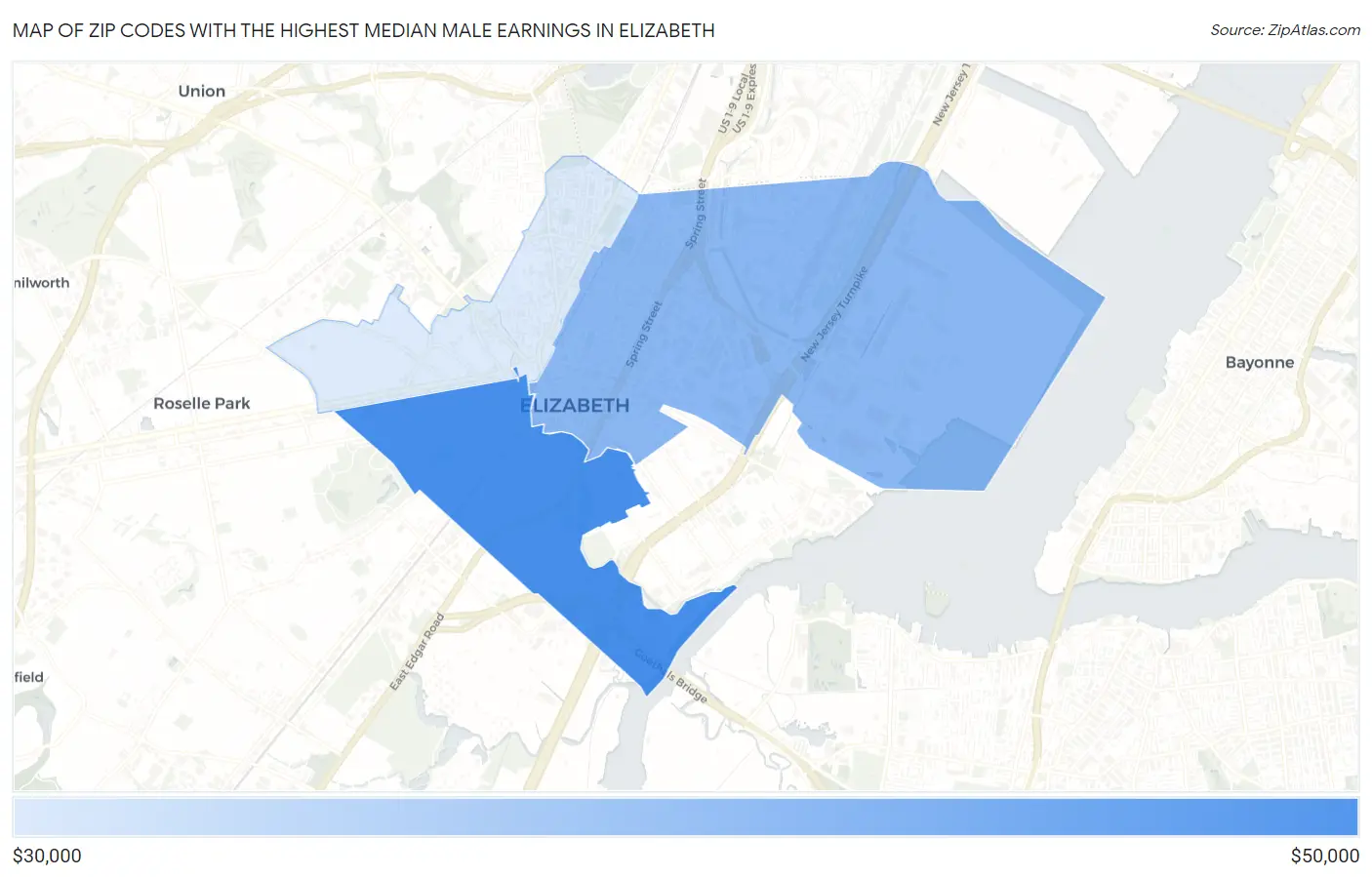 Zip Codes with the Highest Median Male Earnings in Elizabeth Map
