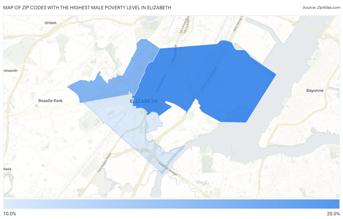 Zip Codes with the Highest Male Poverty Level in Elizabeth Map