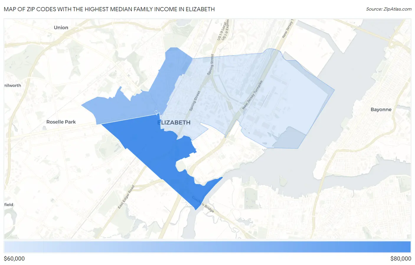 Zip Codes with the Highest Median Family Income in Elizabeth Map