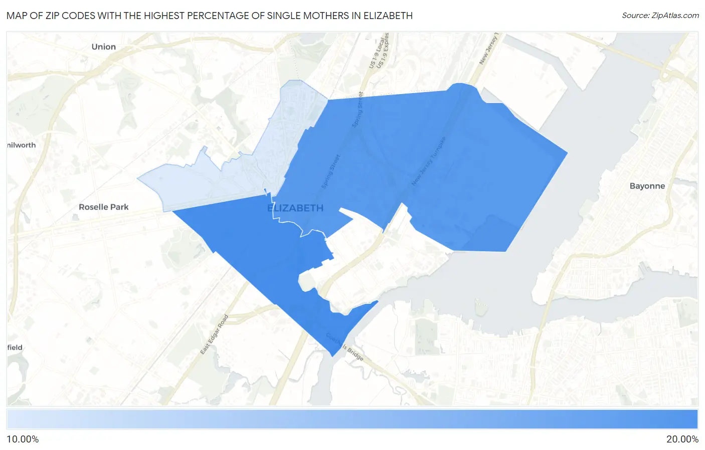 Zip Codes with the Highest Percentage of Single Mothers in Elizabeth Map