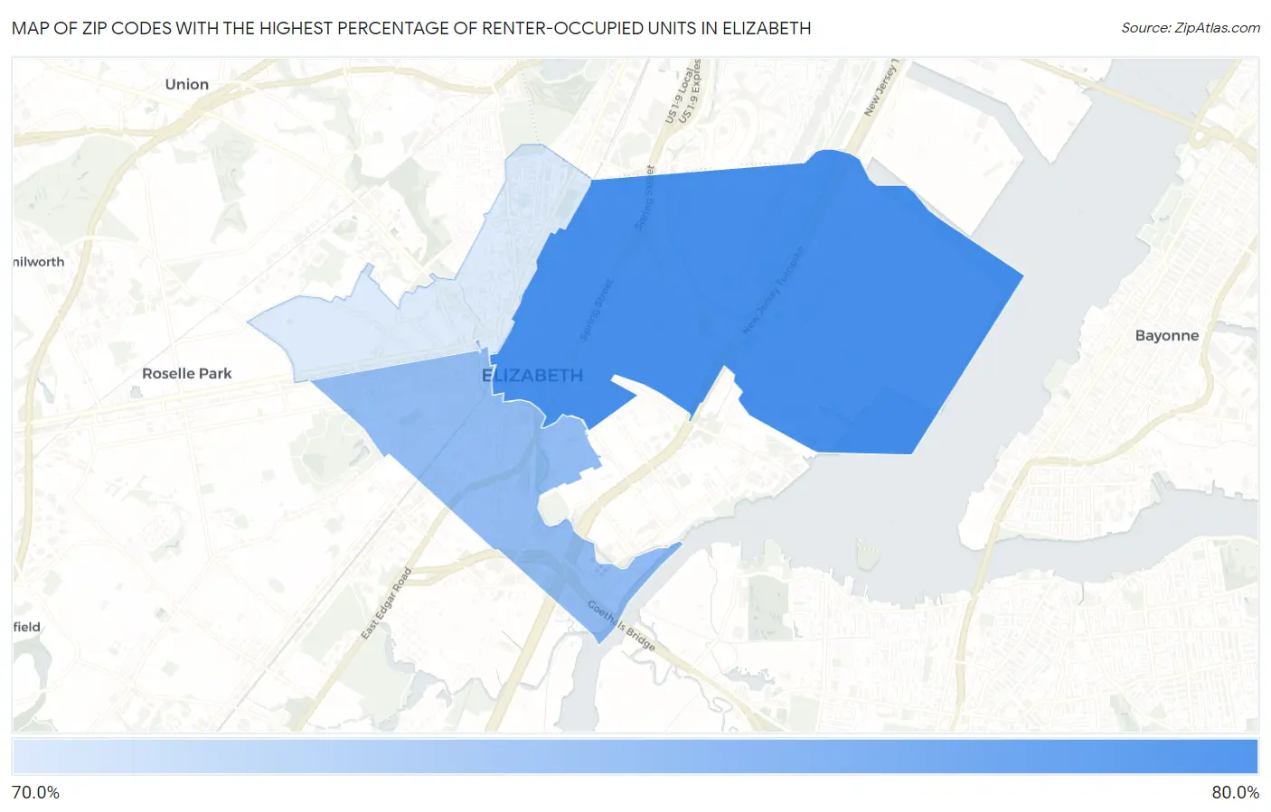 Zip Codes with the Highest Percentage of Renter-Occupied Units in Elizabeth Map