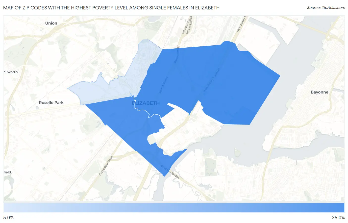 Zip Codes with the Highest Poverty Level Among Single Females in Elizabeth Map