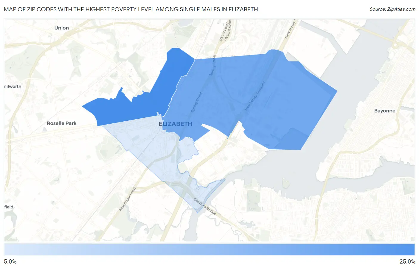 Zip Codes with the Highest Poverty Level Among Single Males in Elizabeth Map