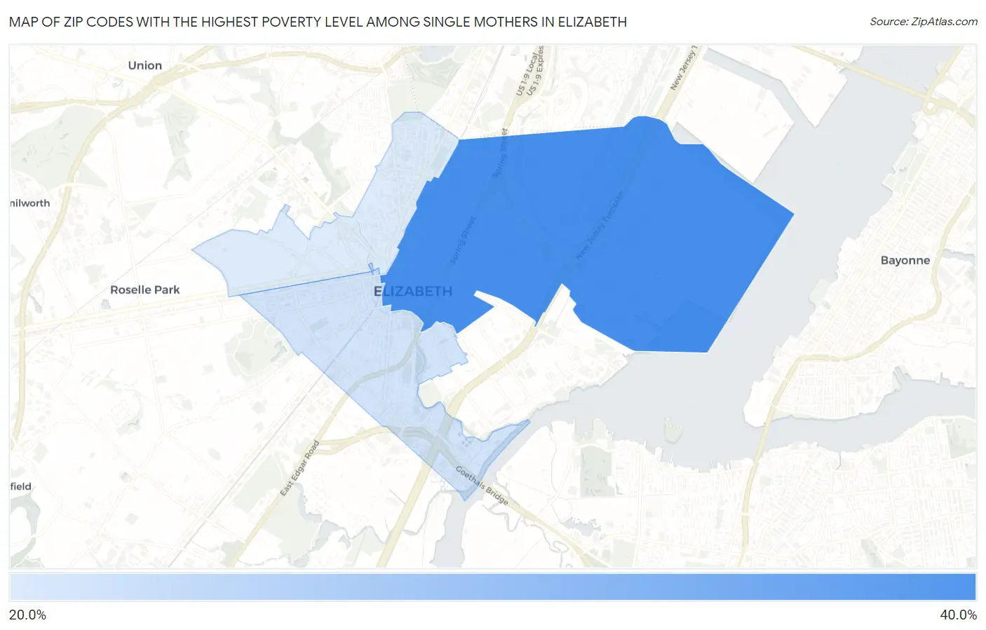 Zip Codes with the Highest Poverty Level Among Single Mothers in Elizabeth Map