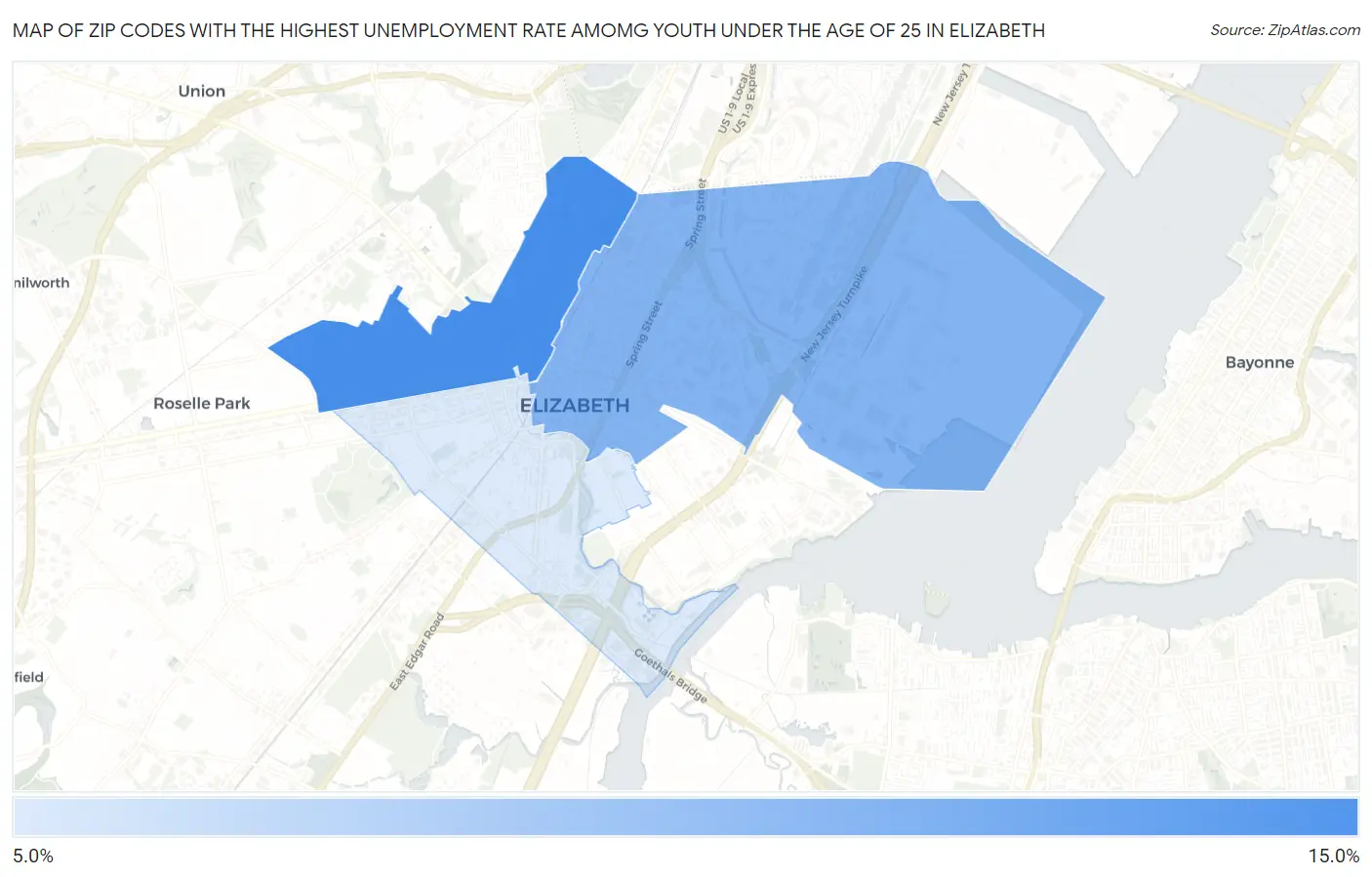 Zip Codes with the Highest Unemployment Rate Amomg Youth Under the Age of 25 in Elizabeth Map