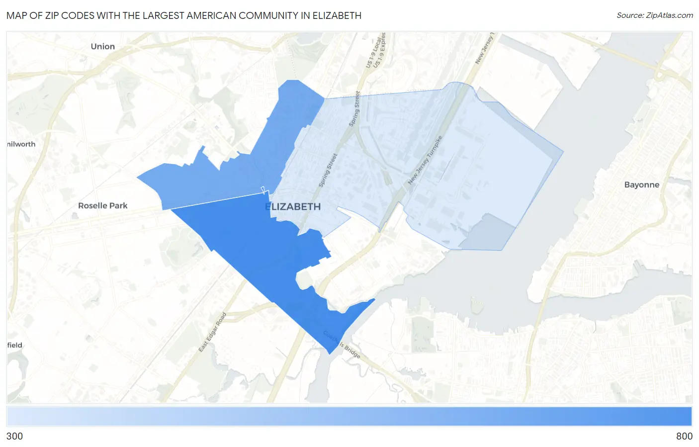 Zip Codes with the Largest American Community in Elizabeth Map