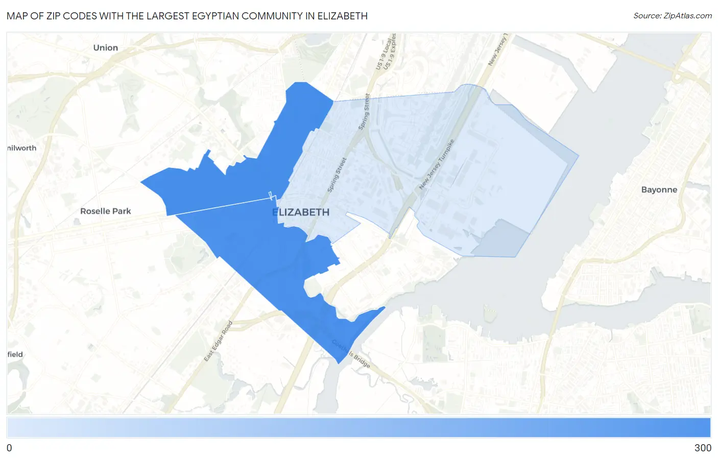 Zip Codes with the Largest Egyptian Community in Elizabeth Map