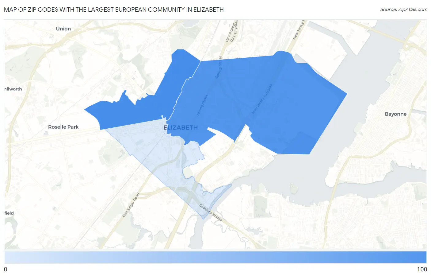 Zip Codes with the Largest European Community in Elizabeth Map