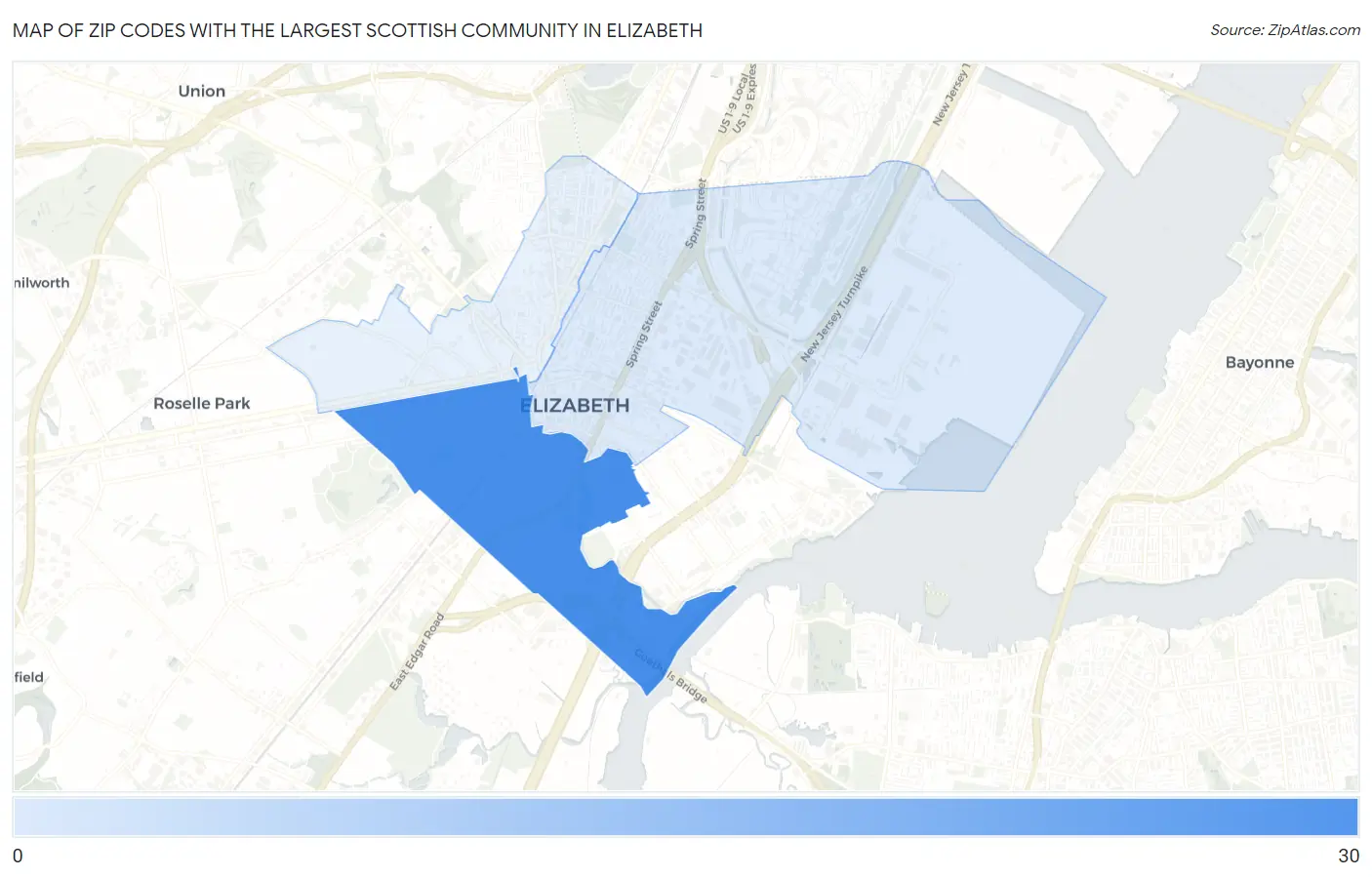 Zip Codes with the Largest Scottish Community in Elizabeth Map