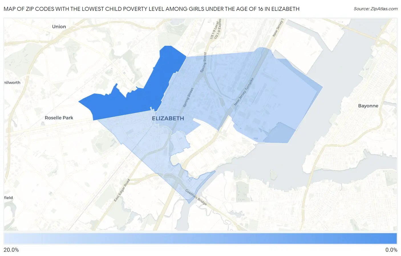 Zip Codes with the Lowest Child Poverty Level Among Girls Under the Age of 16 in Elizabeth Map