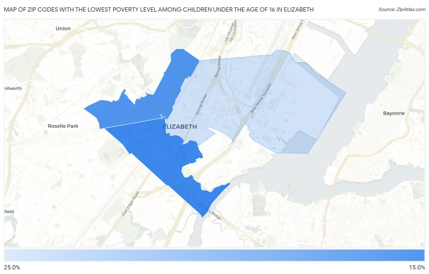 Zip Codes with the Lowest Poverty Level Among Children Under the Age of 16 in Elizabeth Map