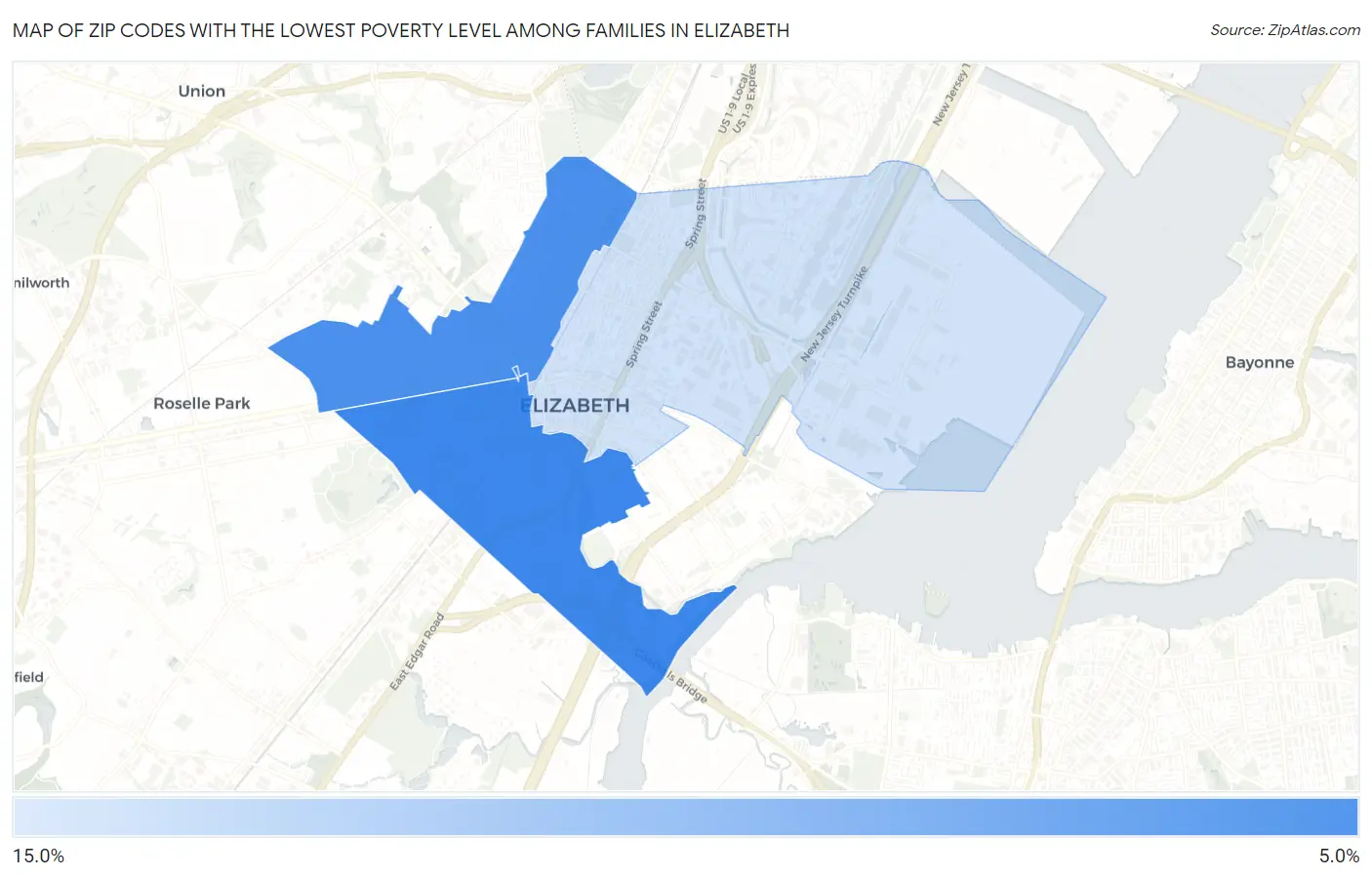 Zip Codes with the Lowest Poverty Level Among Families in Elizabeth Map