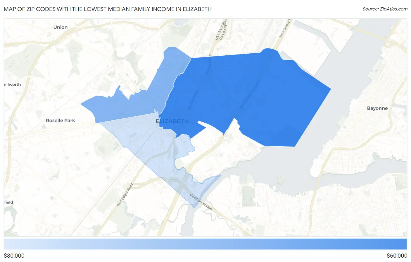 Zip Codes with the Lowest Median Family Income in Elizabeth Map