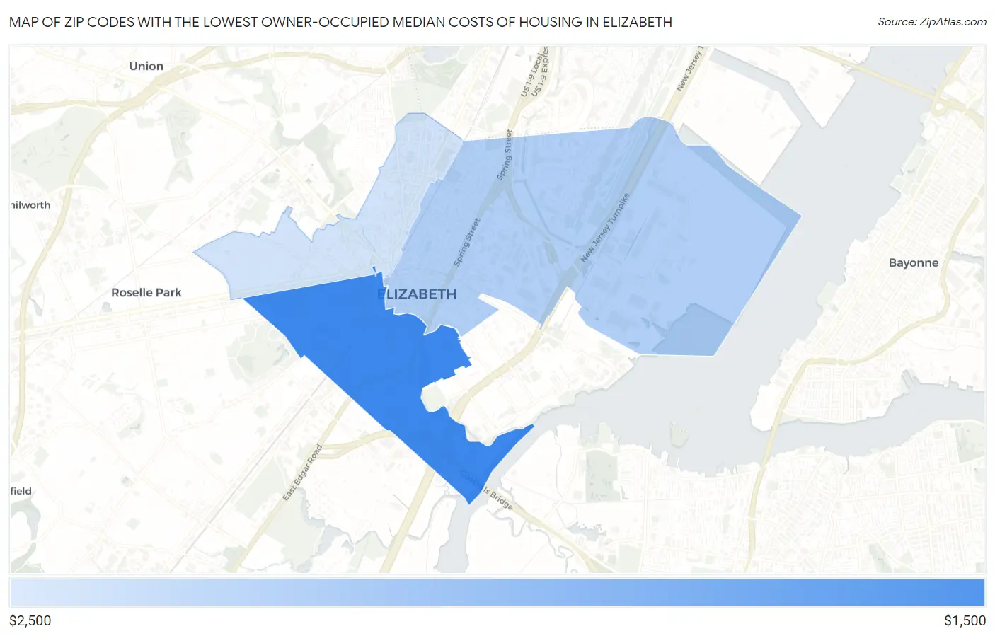 Zip Codes with the Lowest Owner-Occupied Median Costs of Housing in Elizabeth Map