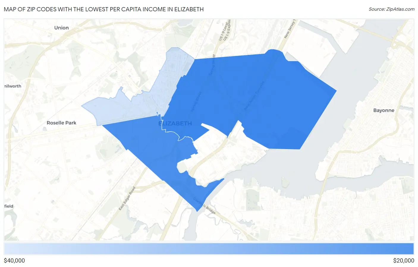 Zip Codes with the Lowest Per Capita Income in Elizabeth Map