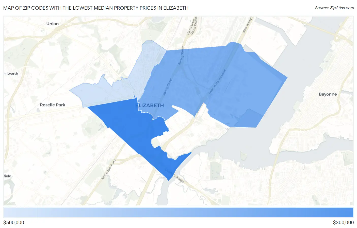 Zip Codes with the Lowest Median Property Prices in Elizabeth Map