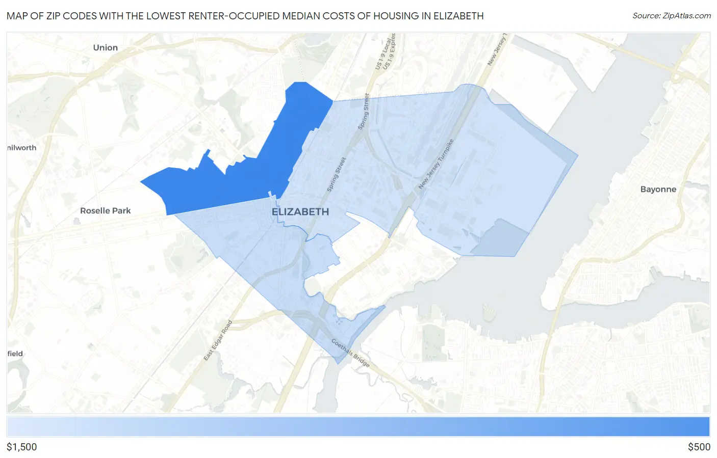 Zip Codes with the Lowest Renter-Occupied Median Costs of Housing in Elizabeth Map