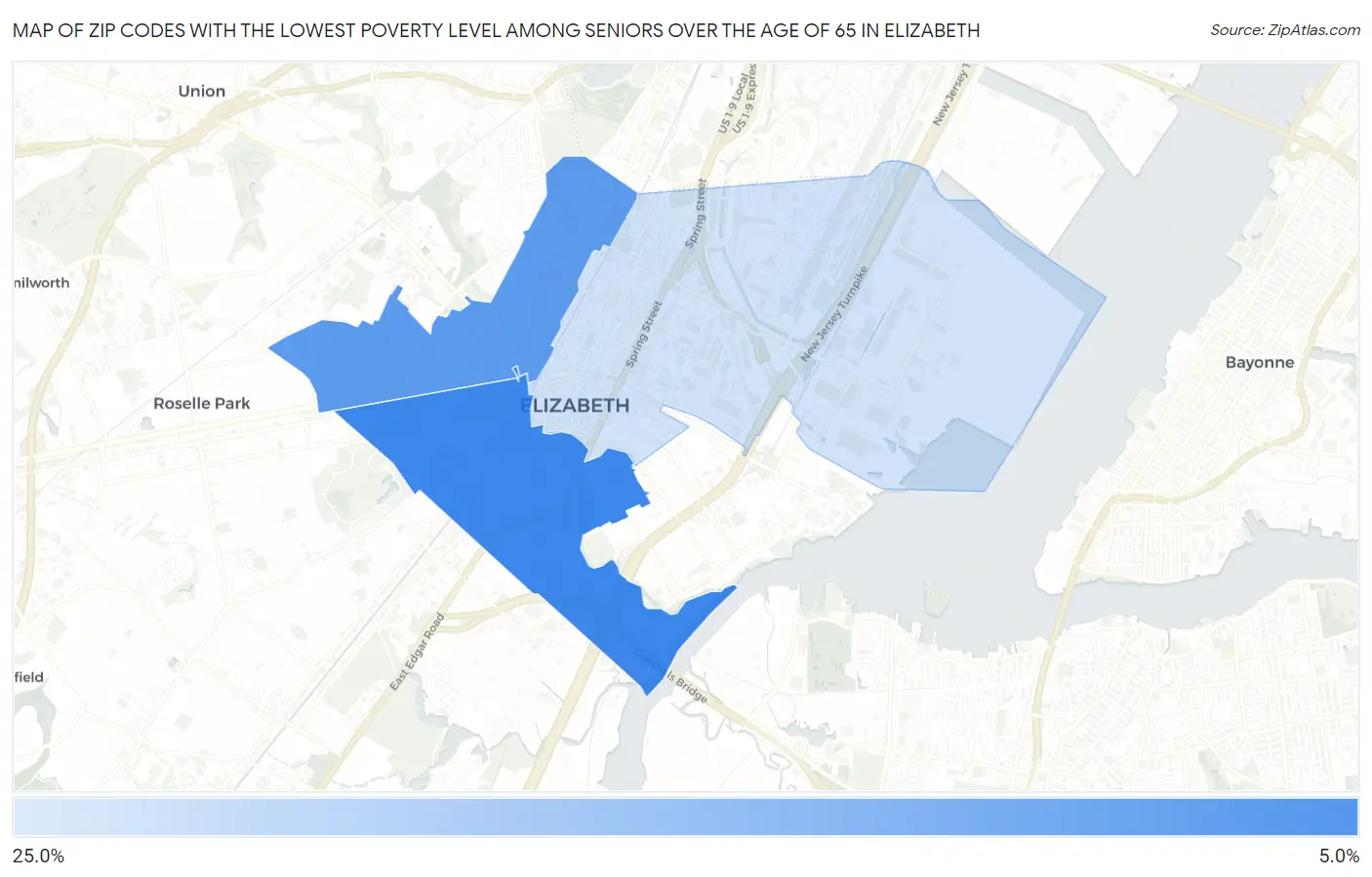 Zip Codes with the Lowest Poverty Level Among Seniors Over the Age of 65 in Elizabeth Map